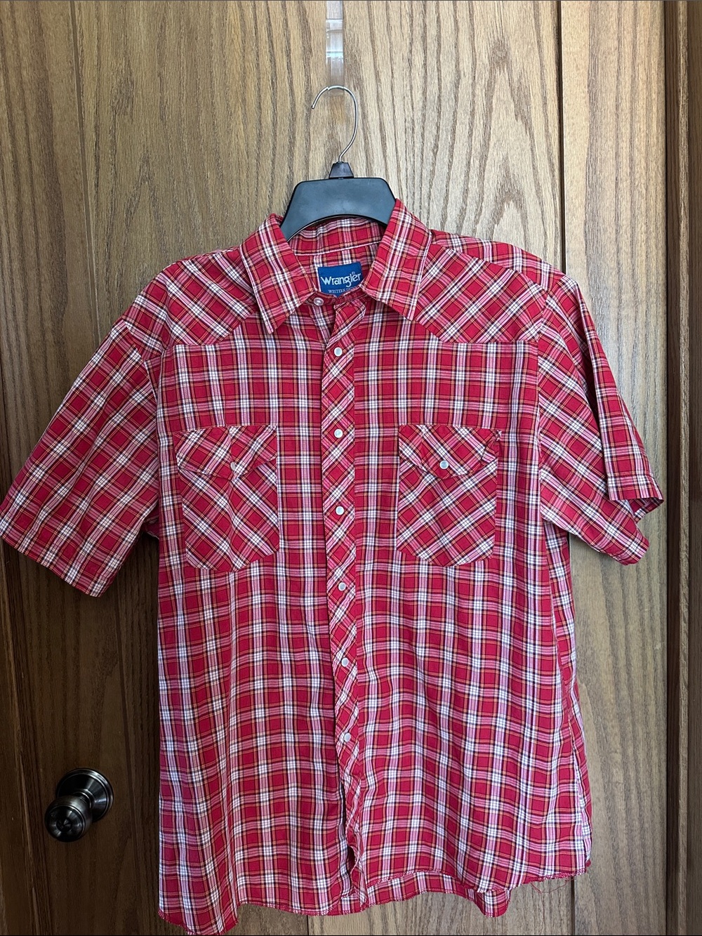 Wrangler Red and White Plaid Short-Sleeve Button-Down Shirt Pearl Snap